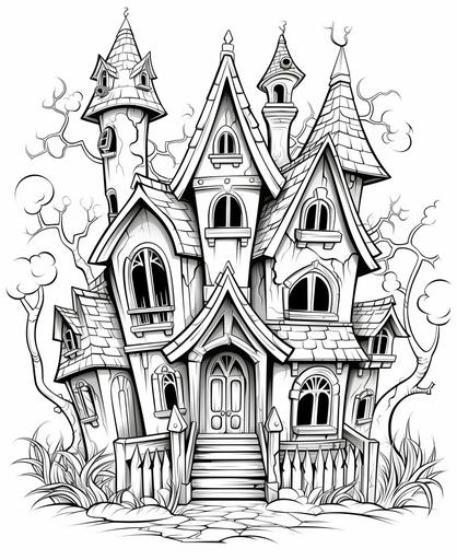 black and white, white background, coloring page for kids, line art, outline, thick lines, crisp, cartoon style, haunted house--no color, no shade --ar 9:11