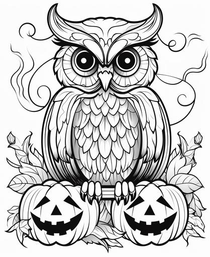 black and white, white background, line art, outline, thick lines, cartoon style, owl halloween coloring page for kids--no color, no shade --ar 9:11