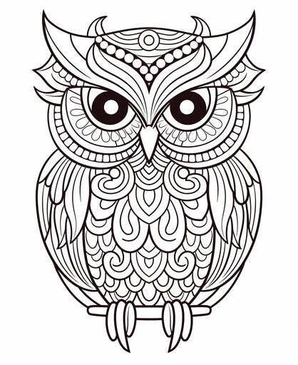 black and white, white background, line art, outline, thick lines, cartoon style, owl halloween coloring page for kids--no color, no shade --ar 9:11