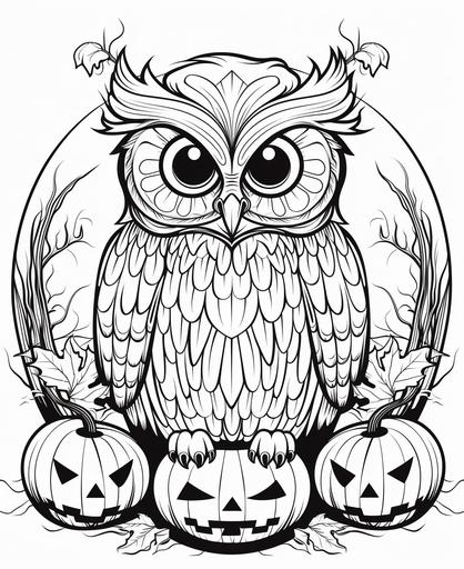 black and white, white background, line art, outline, thick lines, cartoon style, owl halloween coloring page for kids--no color, no shade --ar 9:11