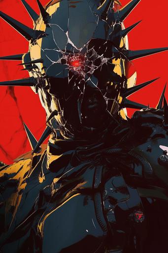 black armor, ominous male augmented soldier robot in a spiked glossy mask with glowing red eyes, contre jour black and yellow, looking through the broken glass mirror, retro manga anime line art graphic --ar 2:3 --s 750 --niji 6