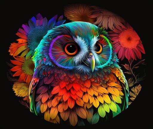 black background, Red/orange/yellow/green/blue/indigo/violet black light alcohol ink blended, kawaii owl with big round pretty eyes, doodle flowers, 8k, vibrant --ar 37:32