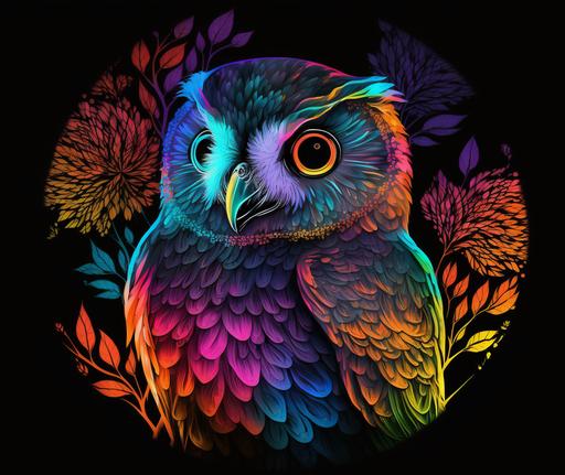 black background, Red/orange/yellow/green/blue/indigo/violet black light alcohol ink blended, kawaii owl with big round pretty eyes, doodle flowers, 8k, vibrant --ar 37:32