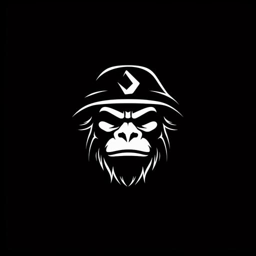 black background minimalist mad pirate face motif logo design with a unique perspective. The logo should be flat, with the gorilla face represented by simple shapes and lines. The mad pirate face should be kept minimalistic and the logo should be white on a black background