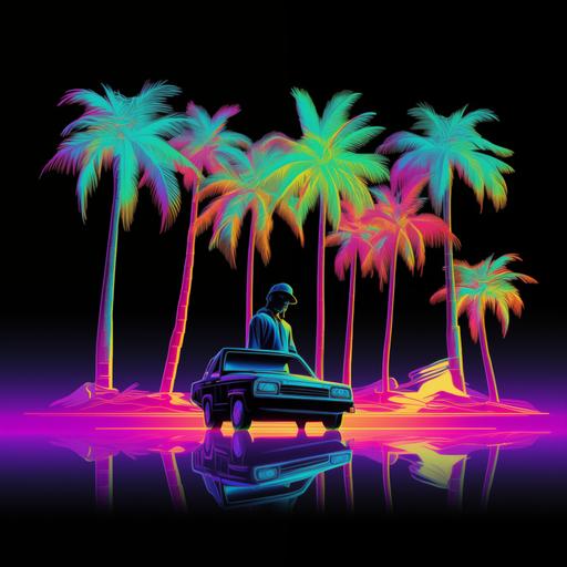 black background with neon palm trees