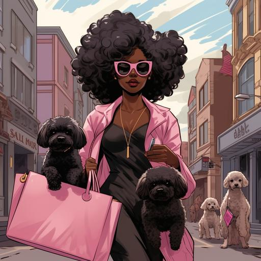 black bishon frise puppy walking like a human in the city wearing a pink dress, pink glasses and a hermes bag, passing by 2 homeless dogs begging for money, cartoonized, anime comic, zoomed out, wallpaper