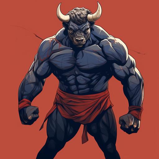 black bison wearing navy blue and red boxing gloves shorts warming up, anatomically correct bison features hump, curved horns, and robust build. line drawing