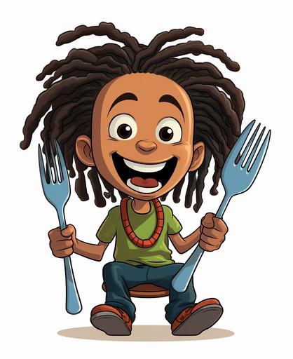 black boy cartoon with dreads smiling, holding a spoon and fork, with a bib, excited, cartoon style --ar 9:11