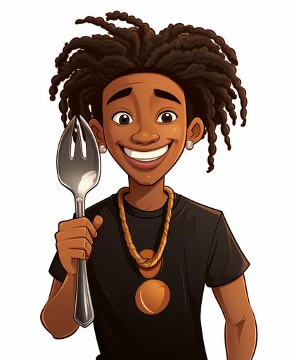 black boy cartoon with dreads smiling, holding a spoon and fork, wearing a black dashiki, excited, cartoon style --ar 9:11