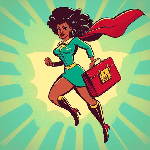 black businesswoman as a superhero, flying with suitcase, vintage cartoon style
