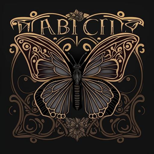 black butterfly logo art nouveau Alphonse Mucha style, detailed, graphic design, pd letters in centre, --v 4