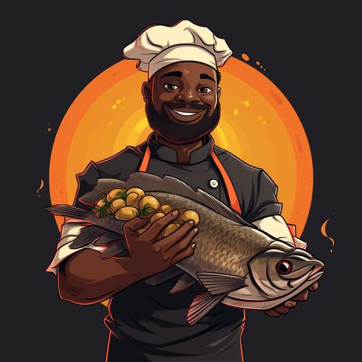 black cartoon chef holding catfishes