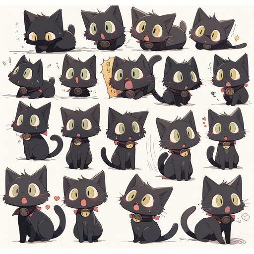 black cat shocked expressions pack, emoji, cute, chibi, thick lines, flat colors --niji --s 1000