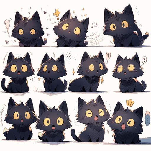 black cat shocked expressions pack, emoji, cute, chibi, thick lines, flat colors --niji --s 1000