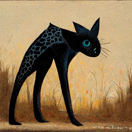 black cat with giraffe legs, sharp teeth, pointy ears
