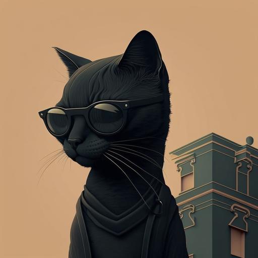 black cat with glasses on the roof minimalism