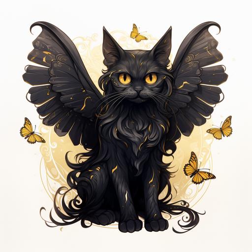 black cat with long hair and yellow eyes transforming into a black butterfly cartoon drawing