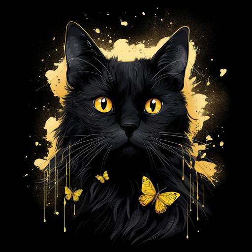 black cat with long hair and yellow eyes transforming into a black butterfly cartoon drawing