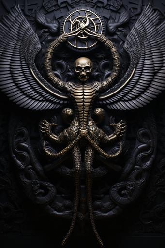 black ceramic carving into black wall, caduceus logo,