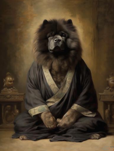 black chow chow buddhist, meditating, beige kimono, china in the background, painting, oil painting, portrait --ar 3:4 --q 2 --upbeta