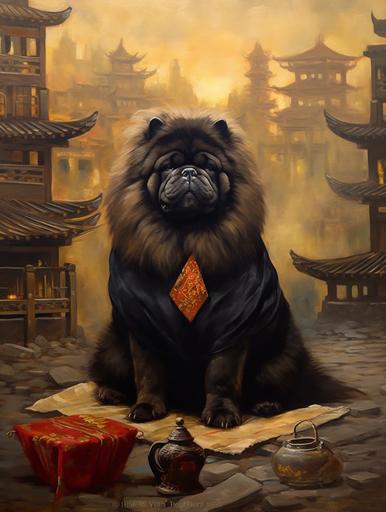 black chow chow buddhist, meditating, beige kimono, chinese ancient city in the background, chinese lanterns,, painting, oil painting, portrait --ar 3:4 --q 2 --upbeta