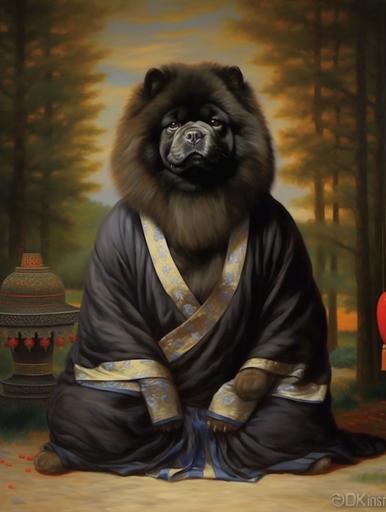 black chow chow buddhist, meditating, beige kimono, chinese landscape in the background, chinese lanterns,, painting, oil painting, portrait --ar 3:4 --q 2 --upbeta