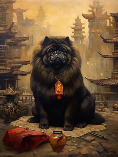 black chow chow buddhist, meditating, beige kimono, chinese ancient city in the background, chinese lanterns,, painting, oil painting, portrait --ar 3:4 --q 2 --upbeta