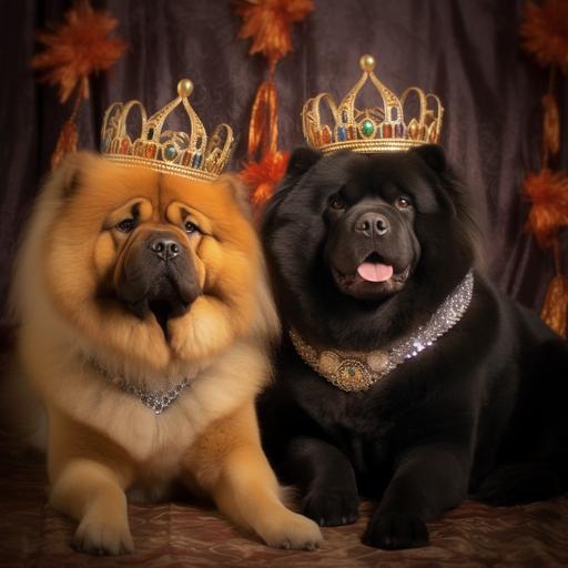 black chow chow dressed as a king and a caramel chow chow dressed as a queen