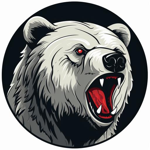 black circle with a white background with a bears head coming out fromt the left side of the circle cartoonish bear head