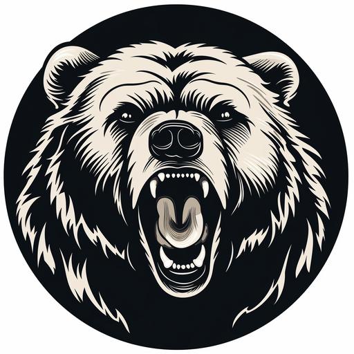 black circle with a white background with a bears head coming out fromt the left side of the circle cartoonish bear head
