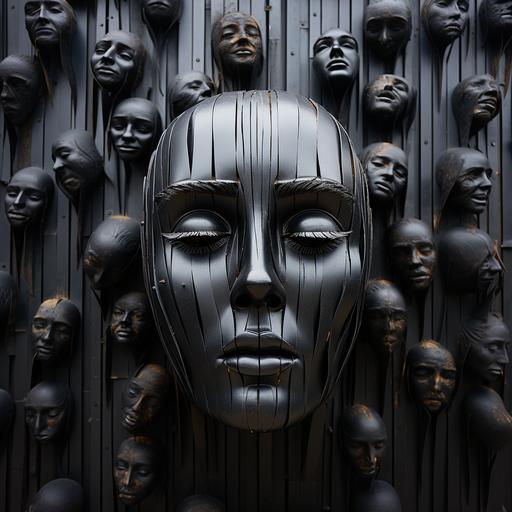 black corrugated metal wall , many faces pushing through in relief --s 250