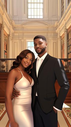 black couple getting married, mansion background, sunny , cartoon --ar 9:16