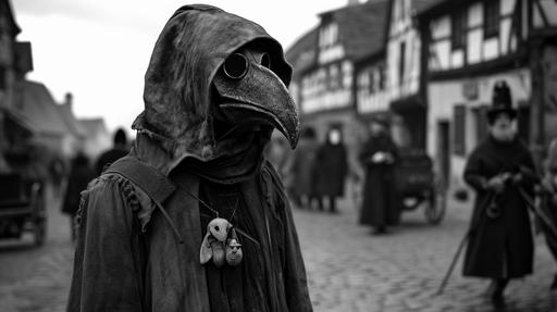 black death,bird head mask doctor,medieval grunge full the road,medieval town that with little mouses on the road,pedestrians and carriages,people wearing ragged and dirty clothes,black and white photo,UHD,32K --ar 16:9 --v 6.0