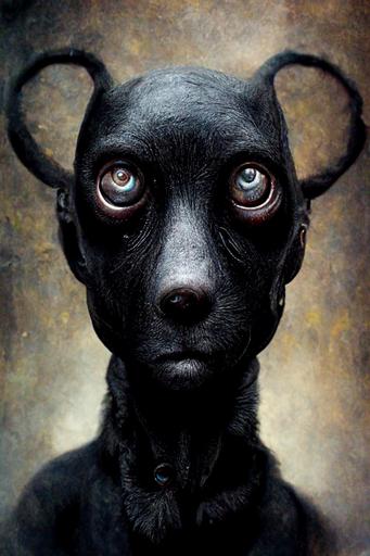 black dog creature with human ears and human eyes, photo, hyperrealism --ar 5:8