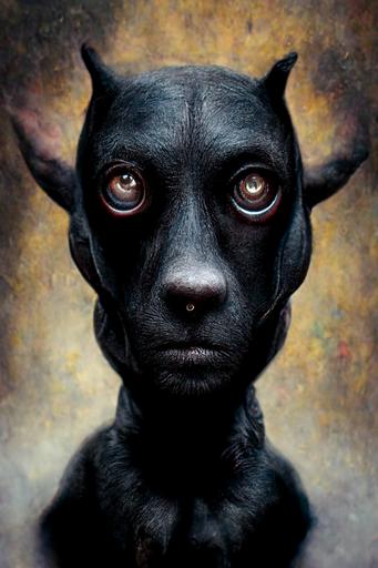 black dog creature with human ears and human eyes, photo, hyperrealism --ar 5:8