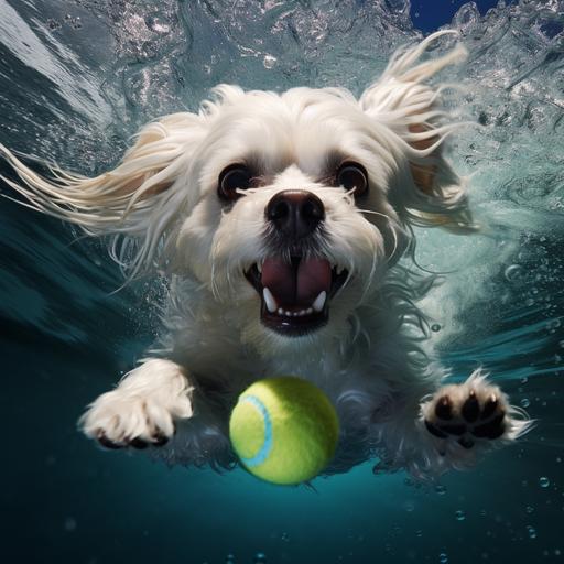 black eared maltese dog underwater, with mouth wide open showing teeth with air bubbles around its head, reaching out to grab a tennis ball. The background is dark blue water, and light reflections ripple on the surface, contrasting the dog and ball.