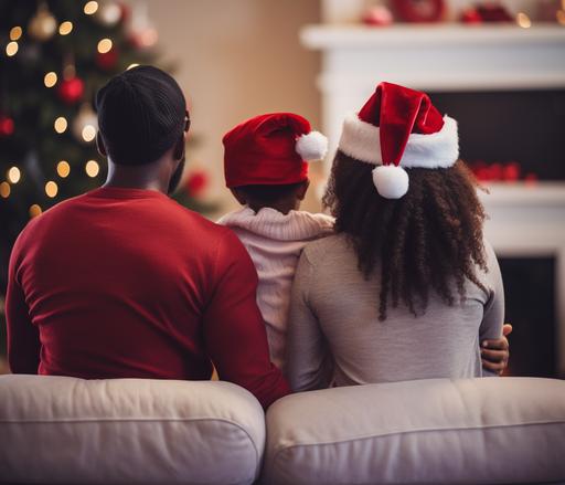 black family sitting on couch, back view, wearing santa hats, watching tv, realistic, photo realistic, 4k,