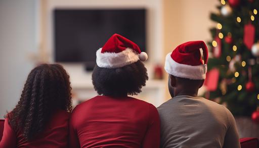 black family sitting on couch, back view, wearing santa hats, watching tv, realistic, photo realistic, 4k, --aspect 7:4