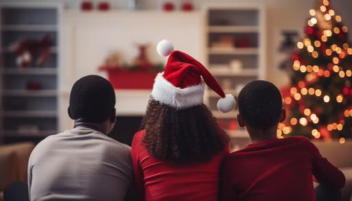 black family sitting on couch, back view, wearing santa hats, watching tv, realistic, photo realistic, 4k, --aspect 7:4