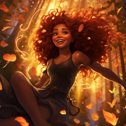 black female aziza fairy, burning bright red hair, long curly wild unruly hair, happy mischiveous smile on her face, flying through the air high above the forest, yellow orange sunset in the background, glowing red fire sprites fairies flying all around, magical fantasy scene
