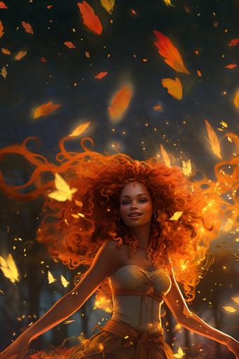 black female aziza fairy, burning bright red hair, long curly wild unruly hair, happy mischiveous smile on her face, flying through the air high above the forest, yellow orange sunset in the background, glowing red fire sprites fairies flying all around, magical fantasy scene
