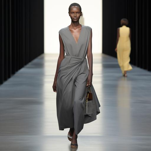 black female model, the model is wearing a gray top and a long gray skirt, FULL BODY MODEL, HD RESULT, PRADA fashion show