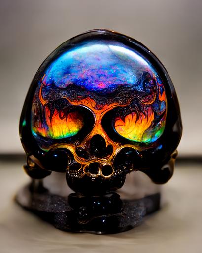 black fire opal and black onyx, detailed carving of a Grateful Dead skull, gorgeous, polished, fire agate, colorful iridescence, backlit, scene lighting, 8k, macro photo, low light, pushed 2 stops, hyper detailed, carving by José Manuel Castro López --ar 3:4