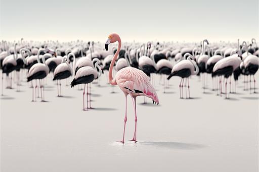 black flamingo in a flock of hundreds of pink and white flamingos. feet in a pink salt lake. white sands dunes landscape --v 4 --ar 3:2 --q 2