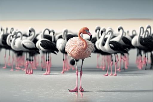 black flamingo in a flock of hundreds of pink and white flamingos. feet in a pink salt lake. white sands dunes landscape --v 4 --ar 3:2 --q 2