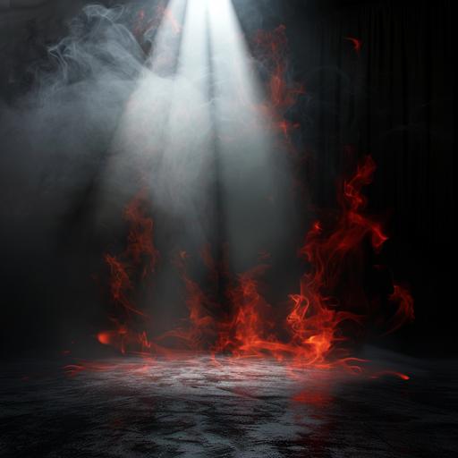 black floor, white background, spotlight shining down as if it's a player introduction at a sporting event, red flames, photorealistic