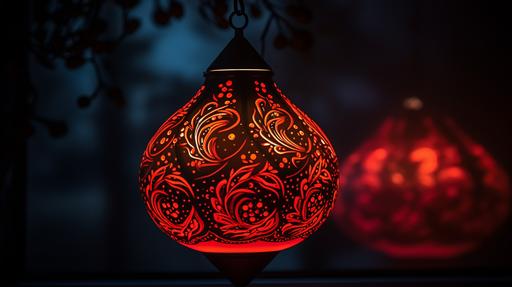 black fluorescent hanging gourd lamp, red accents, intricated, stock photo --ar 16:9