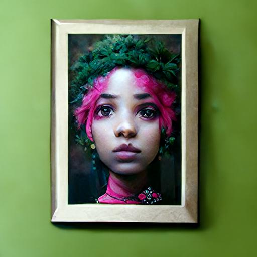 black girl with green hair photo realistic surreal with pink picture frame