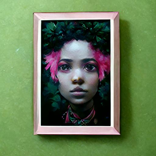 black girl with green hair photo realistic surreal with pink picture frame