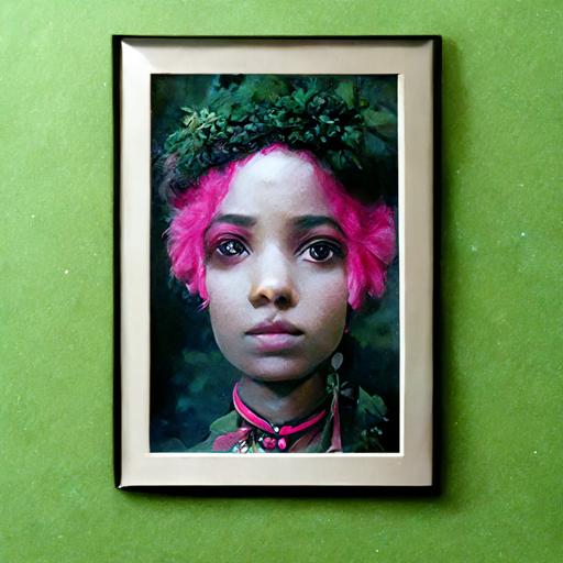 black girl with green hair photo realistic surreal with pink picture frame